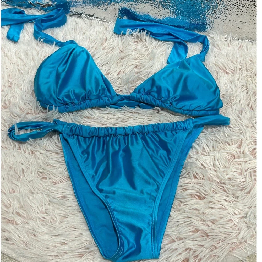Wild Fable Bikini Set Womens Medium Turquoise Blue Triangle Top High Leg Bottoms